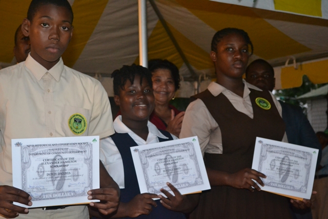 Alexander Hamilton Scholarship Awardees for 2015 – 2016 (l-r) Donte DaCosta of the Gingerland Secondary School, Beyonce James of the Charlestown Secondary School and Bquanya Lanns of the Gingerland Secondary School